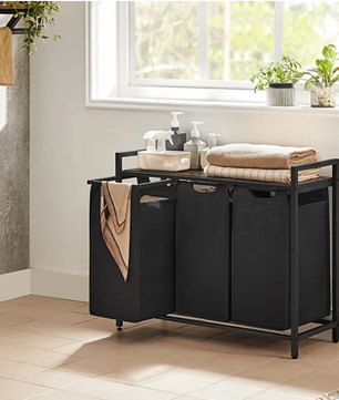 3-Vaks Wasmand met Opbergrek – Uitschuifbare Waszakken en Stalen Frame