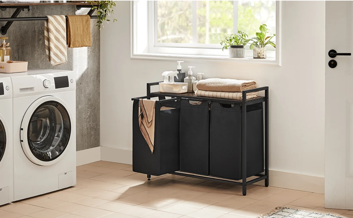 3-Vaks Wasmand met Opbergrek – Uitschuifbare Waszakken en Stalen Frame