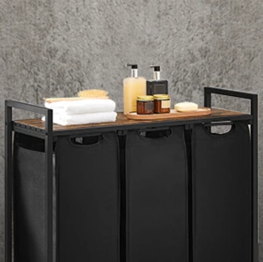 3-Vaks Wasmand met Opbergrek – Uitschuifbare Waszakken en Stalen Frame