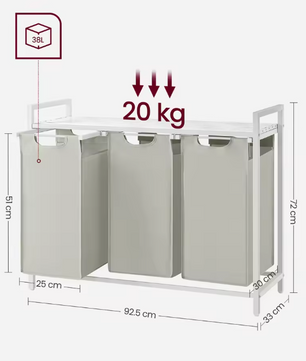 3-Vaks Wasmand met Opbergruimte – Uitschuifbare Oxford Waszakken en Stalen Frame