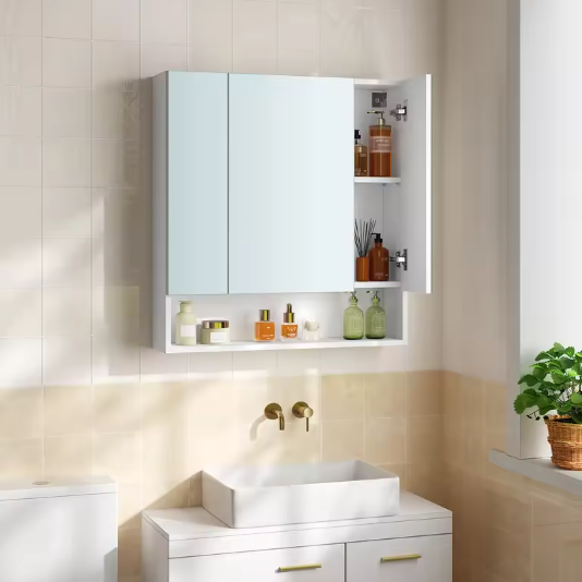 Badkamerkast met Spiegeldeuren – Opbergkast met 3 Deuren en Open Compartiment