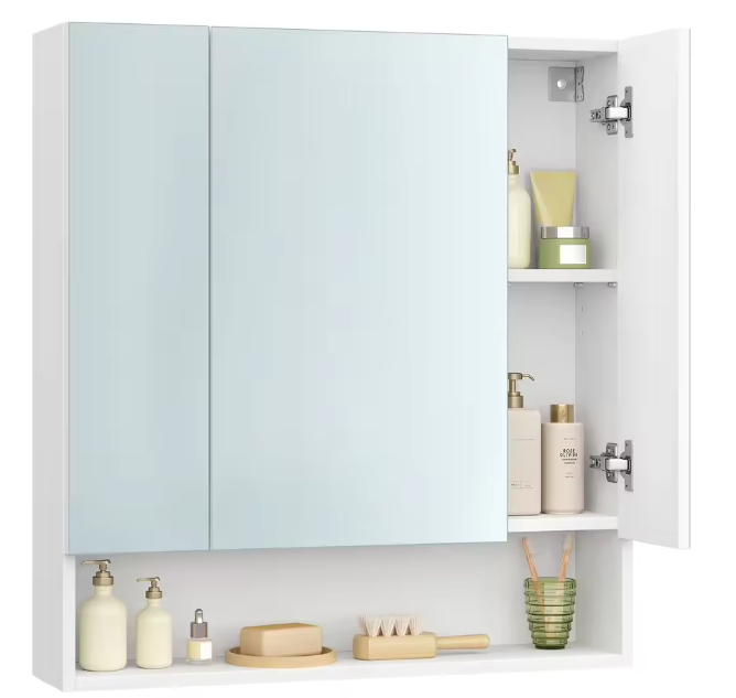 Badkamerkast met Spiegeldeuren – Opbergkast met 3 Deuren en Open Compartiment