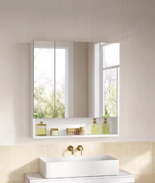 Badkamerkast met Spiegeldeuren – Opbergkast met 3 Deuren en Open Compartiment