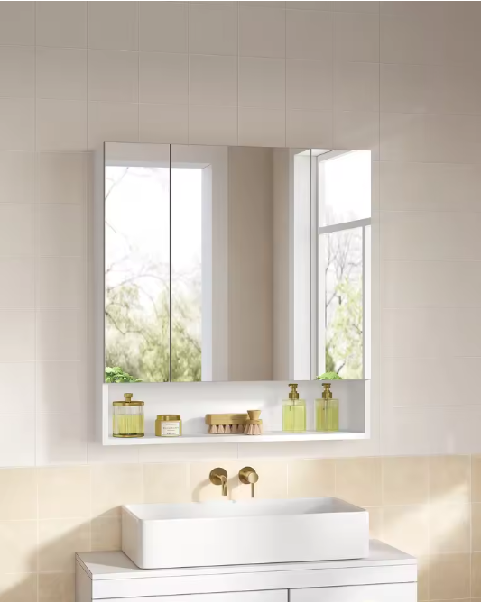 Badkamerkast met Spiegeldeuren – Opbergkast met 3 Deuren en Open Compartiment