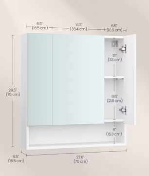 Badkamerkast met Spiegeldeuren – Opbergkast met 3 Deuren en Open Compartiment