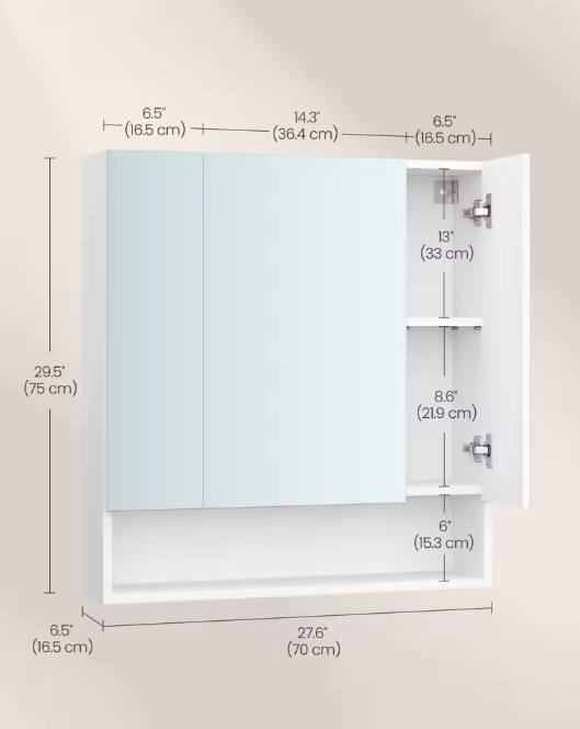 Badkamerkast met Spiegeldeuren – Opbergkast met 3 Deuren en Open Compartiment