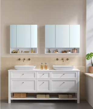 Badkamerkast met Spiegeldeuren – Opbergkast met 3 Deuren en Open Compartiment