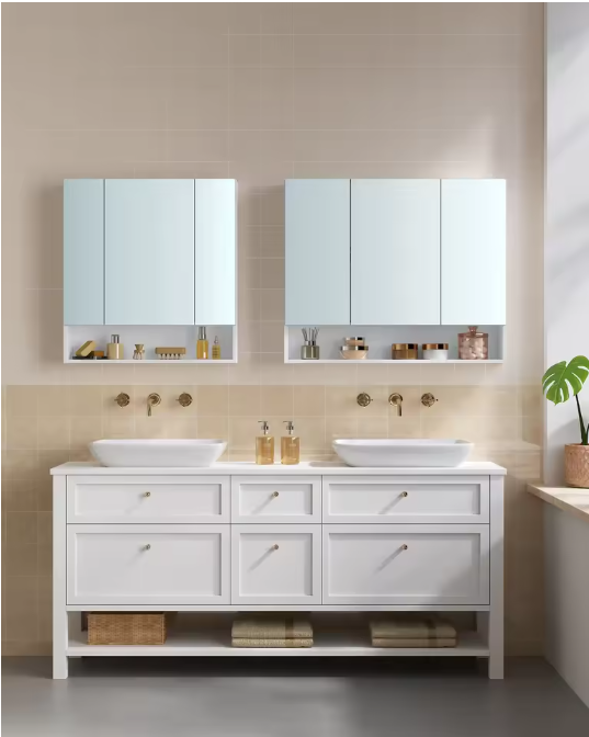 Badkamerkast met Spiegeldeuren – Opbergkast met 3 Deuren en Open Compartiment