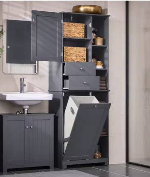 Hoge Badkamerkast met Waszak – Smalle Opbergkast met Deur en Lade