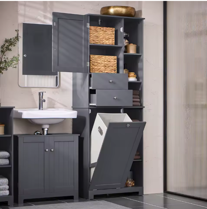 Hoge Badkamerkast met Waszak – Smalle Opbergkast met Deur en Lade