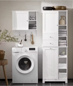 Hoge Badkamerkast met Waszak – Smalle Opbergkast met Deur en Lade