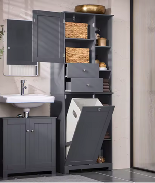 Hoge Badkamerkast met Waszak – Smalle Opbergkast met Deur en Lade