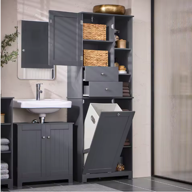 Hoge Badkamerkast met Waszak – Smalle Opbergkast met Deur en Lade