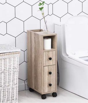 Badkamerkast op Wielen – Smalle Eikenhouten Opbergkast met Lade en Planken