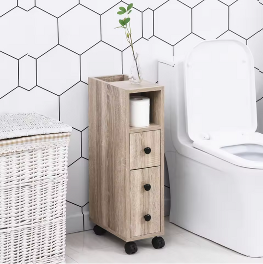 Badkamerkast op Wielen – Smalle Eikenhouten Opbergkast met Lade en Planken
