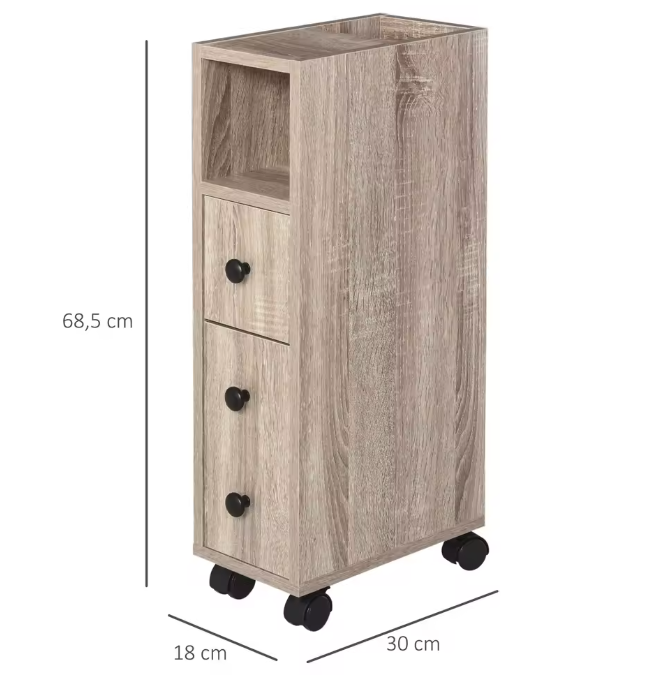 Badkamerkast op Wielen – Smalle Eikenhouten Opbergkast met Lade en Planken