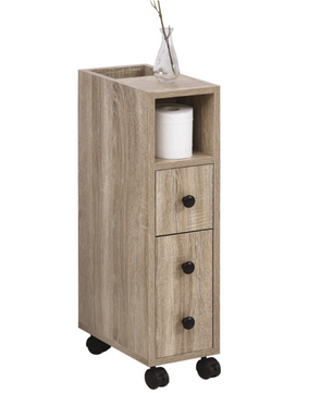 Badkamerkast op Wielen – Smalle Eikenhouten Opbergkast met Lade en Planken