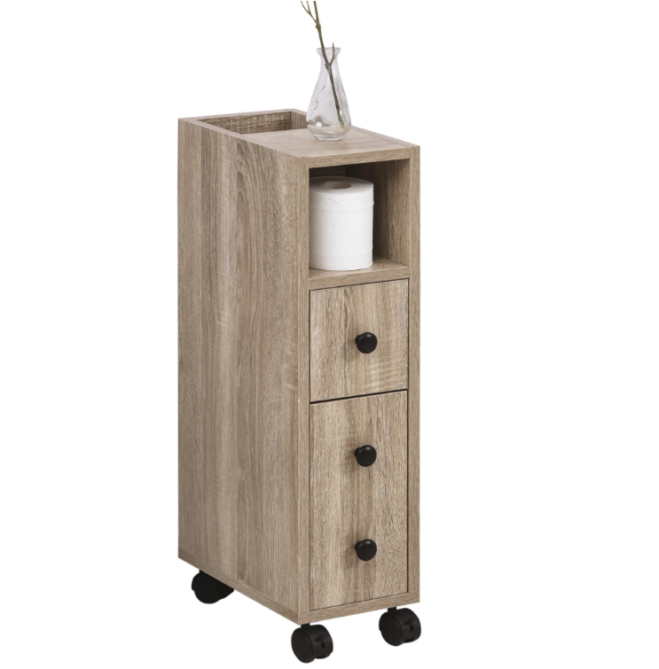 Badkamerkast op Wielen – Smalle Eikenhouten Opbergkast met Lade en Planken