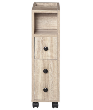 Badkamerkast op Wielen – Smalle Eikenhouten Opbergkast met Lade en Planken