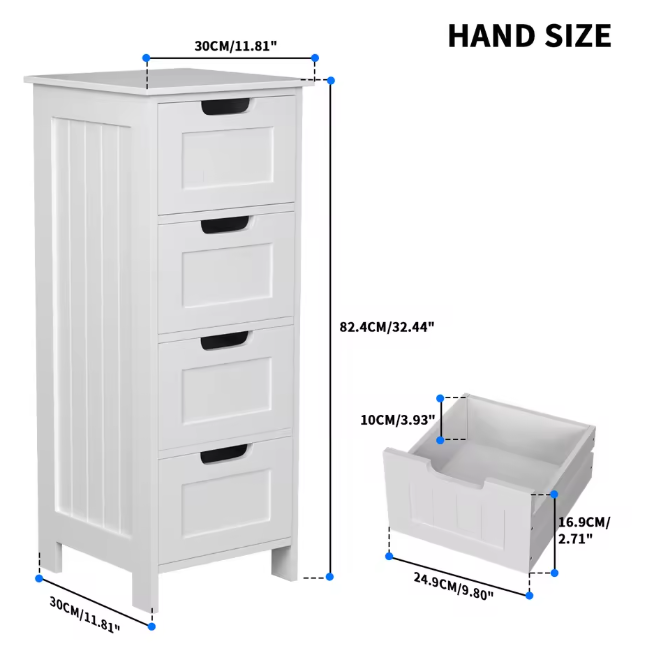 Badkamer Ladekast met 4 Lades – Vrijstaande Witte Opbergkast (82 cm)