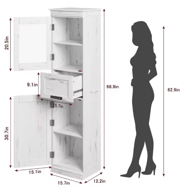 Hoge Badkamerkast met Lade en Deur – Vrijstaande Kast 170 cm