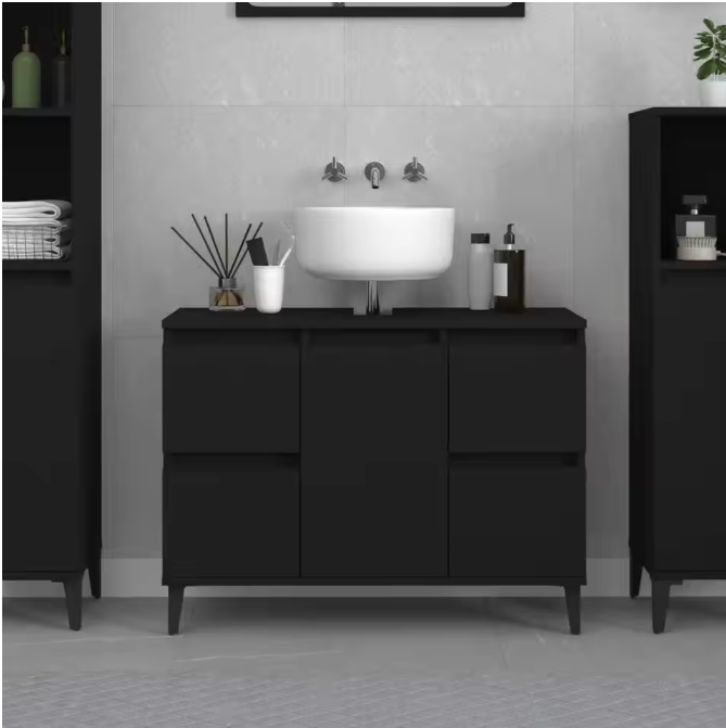 Stijlvolle Zwarte Wastafelkast – Moderne Opbergkast met 4 Lades en Deur (80×33×60 cm)