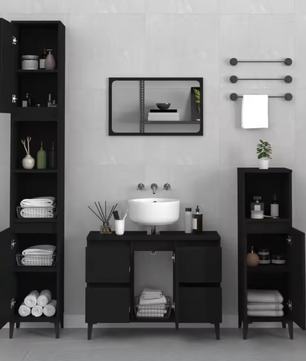 Stijlvolle Zwarte Wastafelkast – Moderne Opbergkast met 4 Lades en Deur (80×33×60 cm)