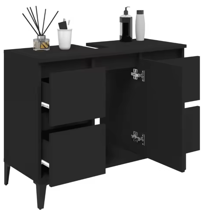 Stijlvolle Zwarte Wastafelkast – Moderne Opbergkast met 4 Lades en Deur (80×33×60 cm)