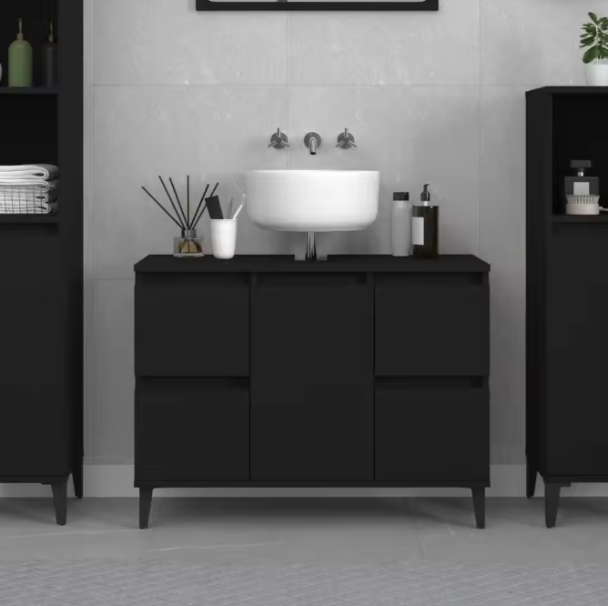 Stijlvolle Zwarte Wastafelkast – Moderne Opbergkast met 4 Lades en Deur (80×33×60 cm)