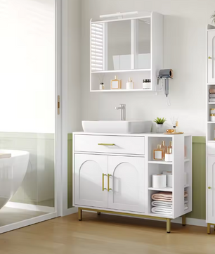 Witte Wastafelkast met Lade – Badkamerkast met Deuren en Open Planken (80 cm)