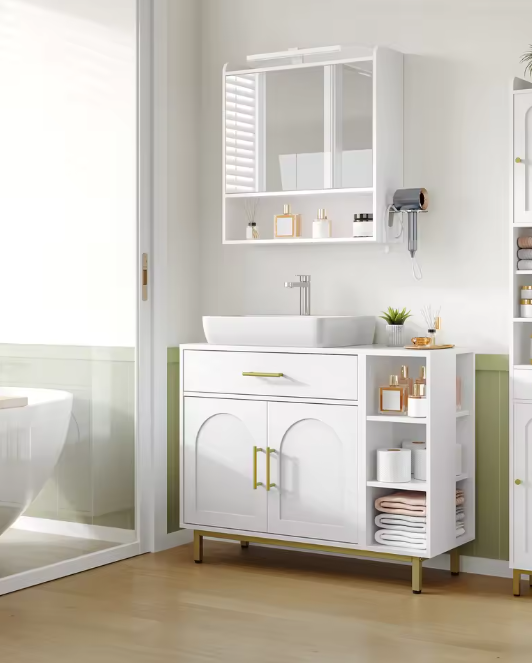 Witte Wastafelkast met Lade – Badkamerkast met Deuren en Open Planken (80 cm)