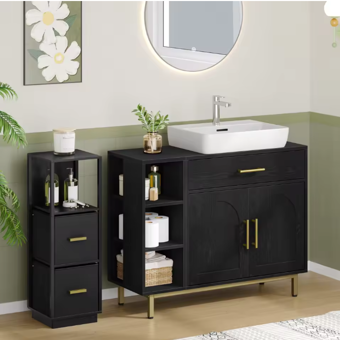 Witte Wastafelkast met Lade – Badkamerkast met Deuren en Open Planken (80 cm)