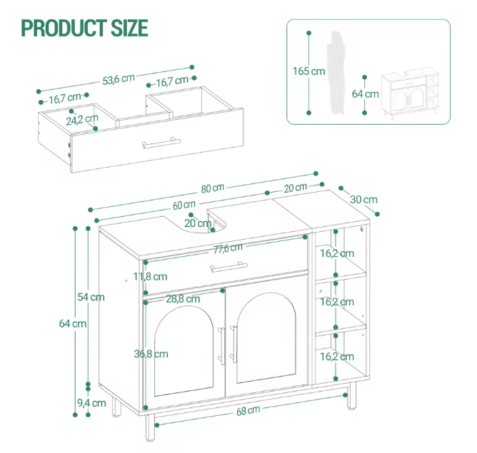 Witte Wastafelkast met Lade – Badkamerkast met Deuren en Open Planken (80 cm)