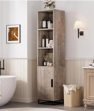 Smal Hoog Badkamermeubel 178 cm – Opbergkast met Deur en Open Vakken