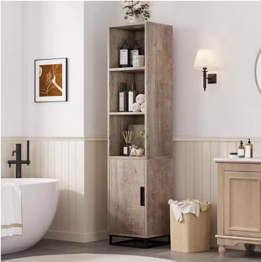 Smal Hoog Badkamermeubel 178 cm – Opbergkast met Deur en Open Vakken