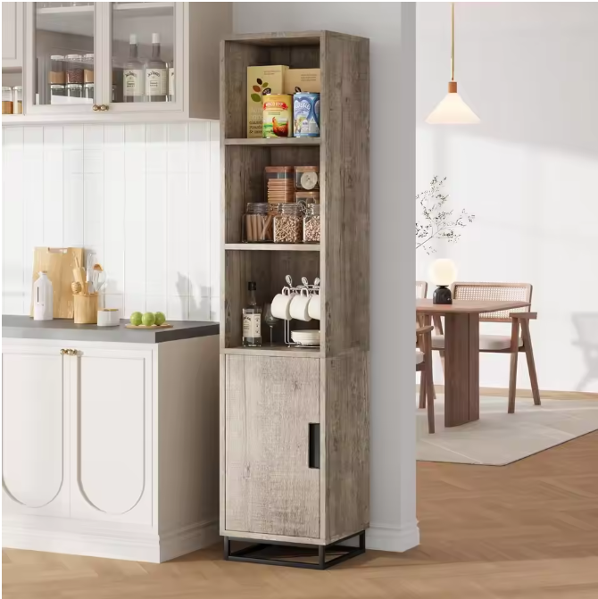 Smal Hoog Badkamermeubel 178 cm – Opbergkast met Deur en Open Vakken