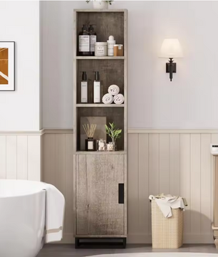 Smal Hoog Badkamermeubel 178 cm – Opbergkast met Deur en Open Vakken