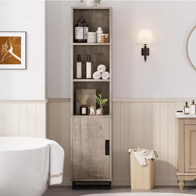 Smal Hoog Badkamermeubel 178 cm – Opbergkast met Deur en Open Vakken