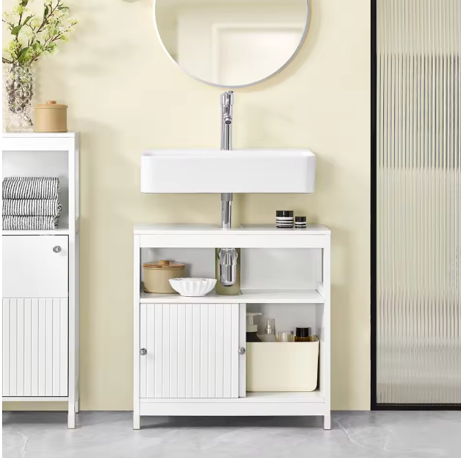 Wastafel Onderkast Wit – Badkamermeubel met Schuifdeuren (60×60×30 cm)