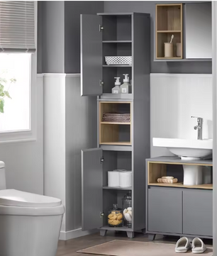 Smal Hoge Badkamerkast – Opbergkast met 2 Deuren en Open Vakken (170 cm)