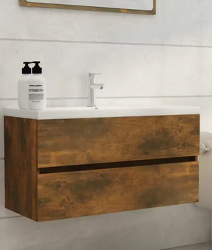 Massief Houten Wastafelkast – Ruimtebesparende Opbergkast in Gerookt Eiken (90×38,5×45 cm)