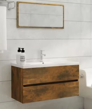 Massief Houten Wastafelkast – Ruimtebesparende Opbergkast in Gerookt Eiken (90×38,5×45 cm)