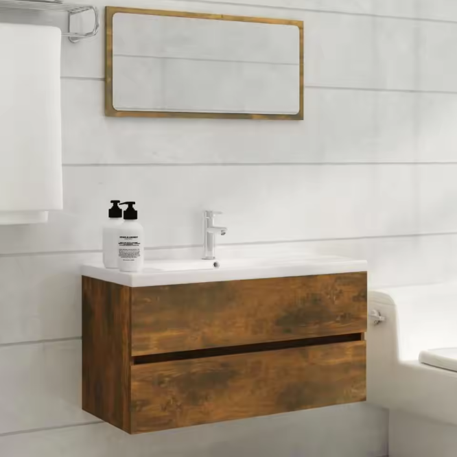 Massief Houten Wastafelkast – Ruimtebesparende Opbergkast in Gerookt Eiken (90×38,5×45 cm)