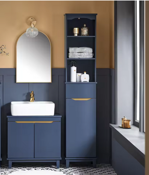 Hoge Nachtblauwe Badkamerkast – Smalle Opbergkast met Open Vakken, Lade en Deur (170 cm)
