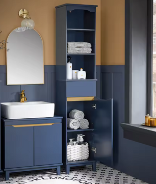 Hoge Nachtblauwe Badkamerkast – Smalle Opbergkast met Open Vakken, Lade en Deur (170 cm)