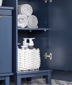 Hoge Nachtblauwe Badkamerkast – Smalle Opbergkast met Open Vakken, Lade en Deur (170 cm)