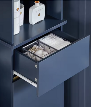 Hoge Nachtblauwe Badkamerkast – Smalle Opbergkast met Open Vakken, Lade en Deur (170 cm)