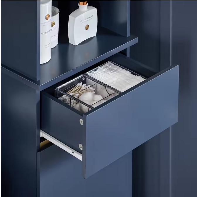 Hoge Nachtblauwe Badkamerkast – Smalle Opbergkast met Open Vakken, Lade en Deur (170 cm)