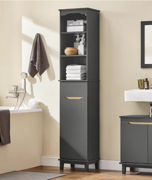 Hoge Nachtblauwe Badkamerkast – Smalle Opbergkast met Open Vakken, Lade en Deur (170 cm)