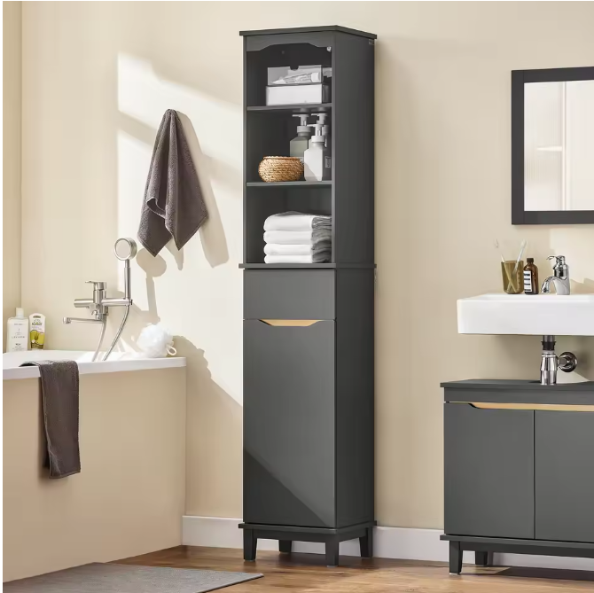 Hoge Nachtblauwe Badkamerkast – Smalle Opbergkast met Open Vakken, Lade en Deur (170 cm)